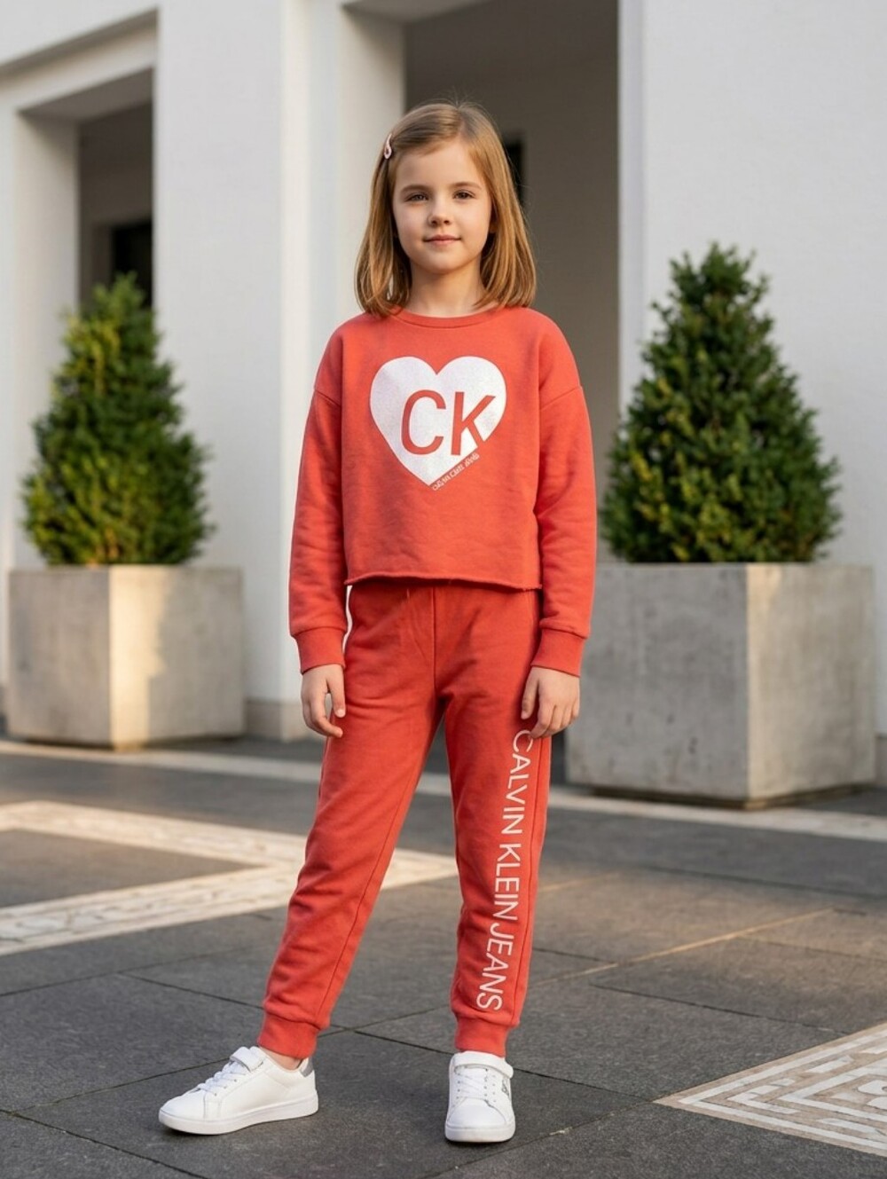 Calvin Klein Girls 2 Piece Set 7 8 Terry Sweatshirt Joggers Coral Lounge Outfit